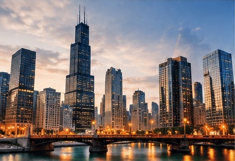 Chicago skyline beside the river at sunset